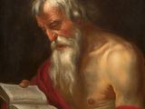 a painting of an old man reading a book