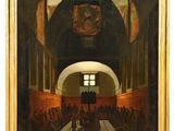 an image of a painting of a large room with people in it