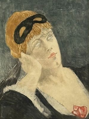 painting of a woman in a black dress with a red rose in her hand
