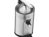 a close up of a silver trash can on a white background