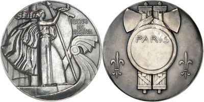 an image of a silver coin with a statue on it