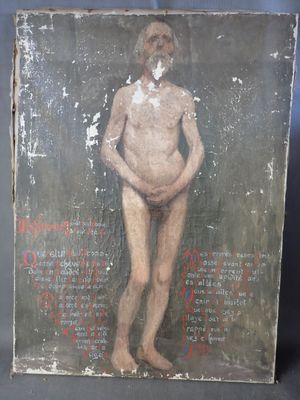 un vieux tableau représentant un homme nu debout devant un fond bleu