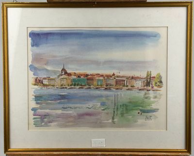 an image of a watercolor painting of a city by the water
