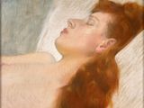 painting of a woman laying in a bed with her eyes closed