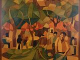 painting of a painting of people on a beach with houses in the background