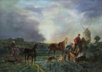 a painting of a group of people and horses in a field