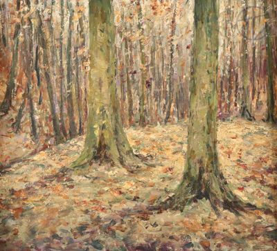 une peinture à l'huile représentant deux arbres dans une forêt, avec des feuilles au sol