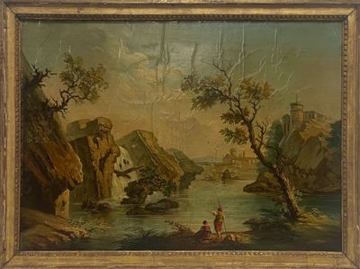 tableau représentant une scène fluviale avec des personnages et un château au loin