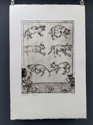 un dessin en noir et blanc représentant des chats qui courent dans un champ