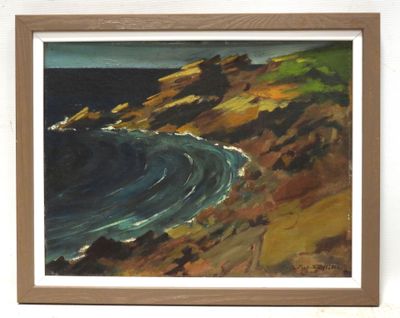 an image of a painting of a beach with waves coming out of the water