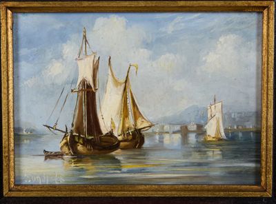 an oil painting of boats in a body of water with a mountain in the background