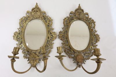 paire d'appliques murales anciennes en laiton, avec miroirs et bougeoirs