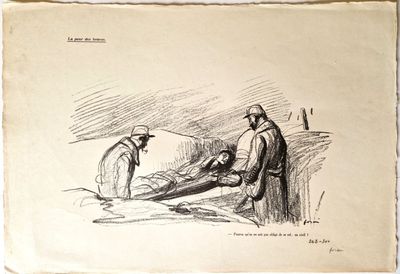 dessin représentant deux hommes travaillant sur une feuille de papier dans un champ