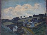 une image représentant un tableau représentant un paysage rural avec des maisons