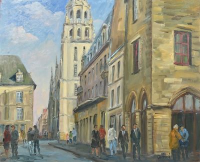 a painting of a city street with people walking on it