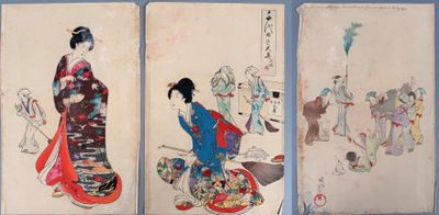 three paintings of women in kimono robes are displayed on a blue background