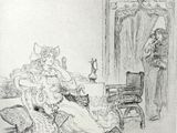 drawing of a woman sitting in a chair in front of a mirror