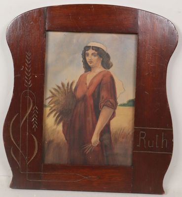 painting of a woman in a red dress holding a bunch of wheat