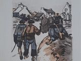 a painting of two men walking down a dirt road