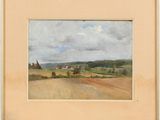 une image représentant un tableau représentant un paysage avec une ferme au loin