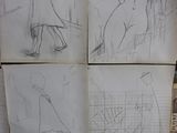 several sketches of a man and a woman standing in front of a bunch of books
