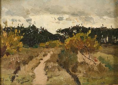 l'image d'une peinture représentant un chemin de terre avec des arbres en arrière-plan