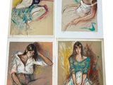 four different colored drawings of a woman sitting on a chair