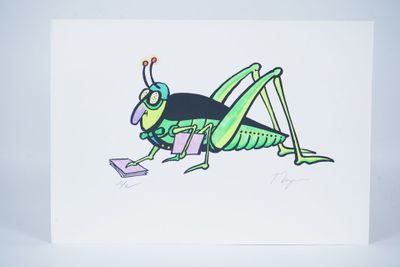 a drawing of a grasshopper with a book in its hand