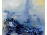 un tableau représentant un bateau sur un plan d'eau, avec un phare en arrière-plan