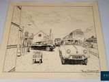 a drawing of a car parked in front of a gas station