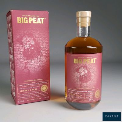 a bottle of big peat sitting next to a box