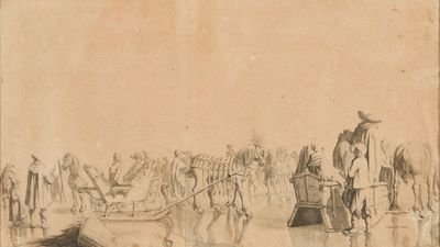 dessin représentant un groupe de personnes debout autour d'un bateau sur un plan d'eau