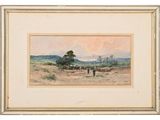 a watercolor painting of a landscape with horses in the distance