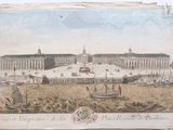painting of a view of a palace with boats in the foreground