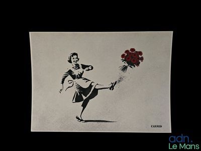 un dessin représentant un homme donnant un coup de pied dans un bouquet de fleurs