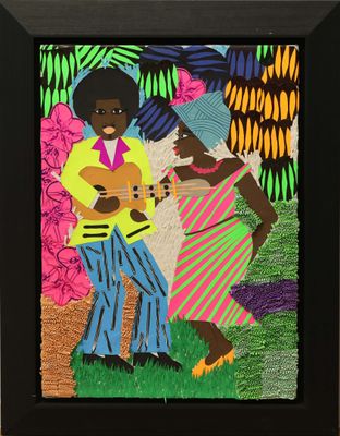 an image of a painting of two people playing guitar