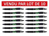 a set of ten black pens with green writing on them