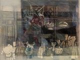 une peinture représentant la devanture d'un magasin avec des gens devant
