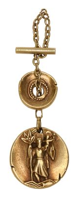 an image of a gold necklace with an image of an angel on it