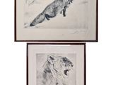deux dessins encadrés représentant un renard et un chat dans la neige