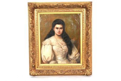peinture d'une femme en robe blanche dans un cadre doré