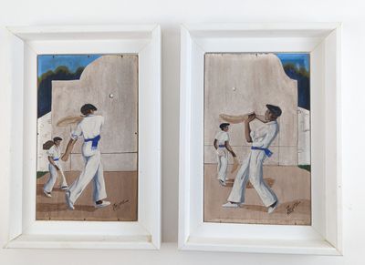 tableau représentant deux hommes jouant au baseball dans une pièce blanche