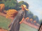 an oil painting of a woman with a straw bale in a field