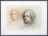 drawing of a woman ' s face and a man ' s head in a black frame
