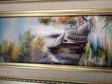 a picture of a painting of a woman sitting on a boat