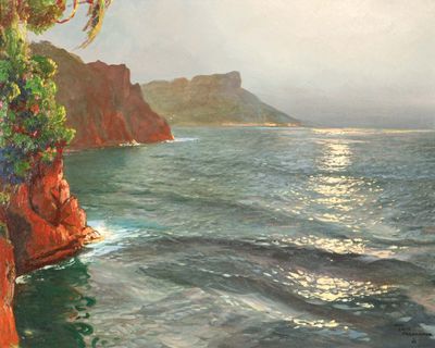 a painting of a view of the ocean from a cliff