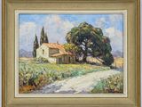 a painting of a house and a tree in a field