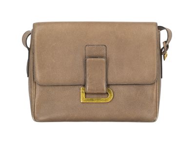 a brown leather cross body bag with a gold buckle