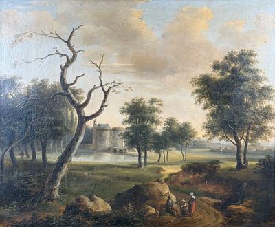 une peinture à l'huile représentant un paysage avec une maison au loin et une personne à cheval au premier plan