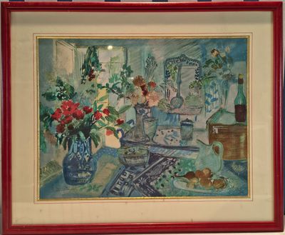 une image d'un tableau de fleurs dans un vase sur une table